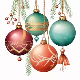 ornaments hanging on a fir tree with red, green, and blue balls hanging from it