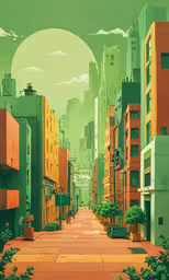illustration of an urban landscape with the city and hills behind them,an urban scene in the daytime with green buildings