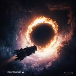 a spaceship flying through a dark orange and blue cloud