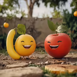 two apples and one orange smiling together on a cobblestone ground