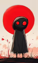 an image of a person in a red and black dress with a strange head