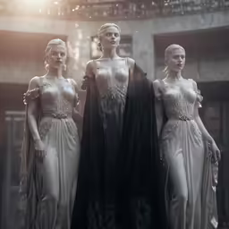 three beautiful white female mannequins are dressed in gowns and capes