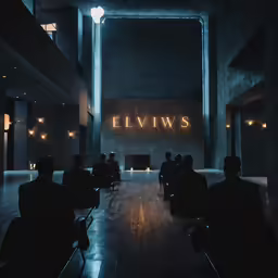 people sitting in the dark in chairs under a glowing sign