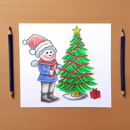 drawing of a child wearing a santa hat with christmas decorations,a drawing of a little boy with a christmas tree,a painting of a kid by a christmas tree,someone drawing a christmas tree with colored pencils,a drawing of a person next to a christmas tree