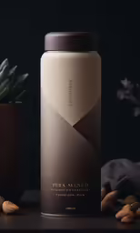 a bottle with some food on a black table