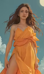 a woman wearing a long dress with one leg bent over her body