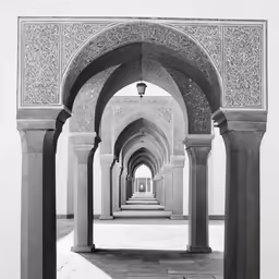 arches line the walkway in an open courtyard