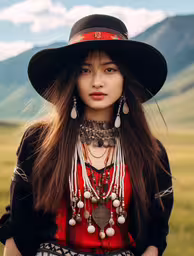a young woman with long dark hair and a big hat on top of her head,a beautiful woman wearing a red top with a hat on her head