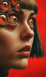 the image is very unique and the woman has many contactions on her eyes