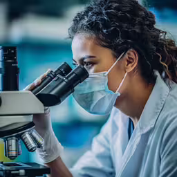 a female scientist looks into a microscope,a woman wearing a face mask looking at a microscope