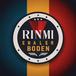 a red, blue, and yellow striped badge with the word rmml