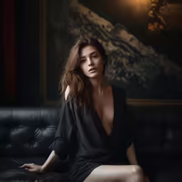 an attractive woman in black dress posing on the couch