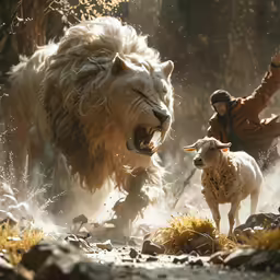 a man who is riding on a horse next to a lion