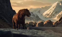 a brown horse standing next to rocks and mountains