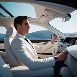 a man in white suit driving a car