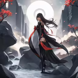an anime girl in black with long hair and red cape