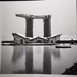 a black and white photo of a building on the edge of a body of water