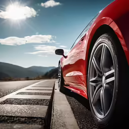 red sports car parked on the street next to a checkered road