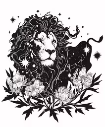 a lion surrounded by flowers on a white background,a black and white image of a lion