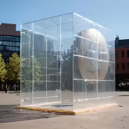 a clear box on the ground in front of a building
