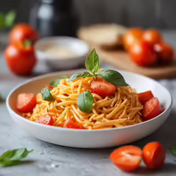 a plate of spaghetti with tomatoes and basil