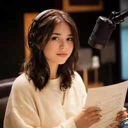 a woman sitting down and reading on the sidelines of a recording room