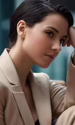 a woman is sitting down and holding her head