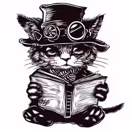 a black and white cat is reading a book,cat in a hat and glasses reading a book