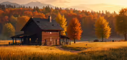 a beautiful photo of a cabin sitting in a field,an old wooden house in a field near trees