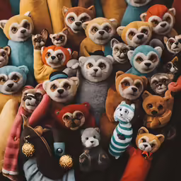 group of stuffed animals sitting side by side