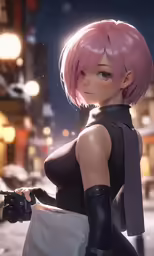 a girl wearing black with pink hair and a tie
