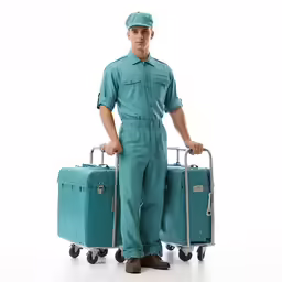 a man in green uniform is standing with a cart