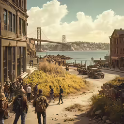 group of people walking on the sidewalk near a river