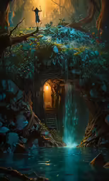 a man standing on top of a waterfall under a tree
