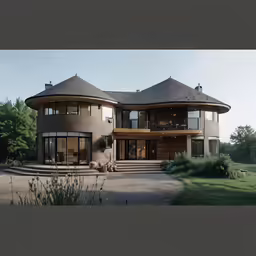 a big house is surrounded by grass, bushes, and trees