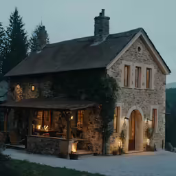 the exterior of a stone house at dusk