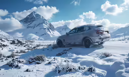 a silver car parked in the snow near mountains