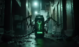 an illuminated lantern shines brightly green in a dimly lit dark, dark alley