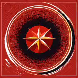 an abstract compass photograph in red and yellow,a red compass is in the center of a circular object
