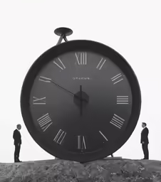 three silhouettes of people standing on a cliff watching a giant clock