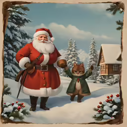 a painting of santa clause and his cat with a snowy background