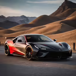 the front view of a silver sports car on a road