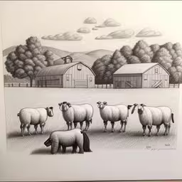 a drawing of sheep grazing in front of an barn,a drawing of sheep are standing around in a pasture