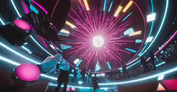 a brightly lit room with people inside it