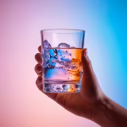 a person holds up a glass with ice in it