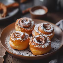 three powdered cinnamon rolls on a plate