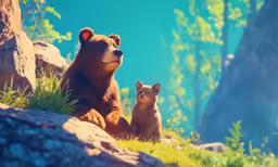 an adult bear stands behind a baby bear while they both sit in the grass