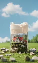 a jar with a view inside sitting in the grass