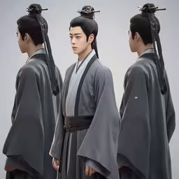 a man with two swords standing next to three other men,a person that is in a group of people