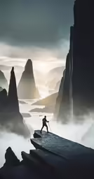 a man is on a large rock near the ocean and mountains